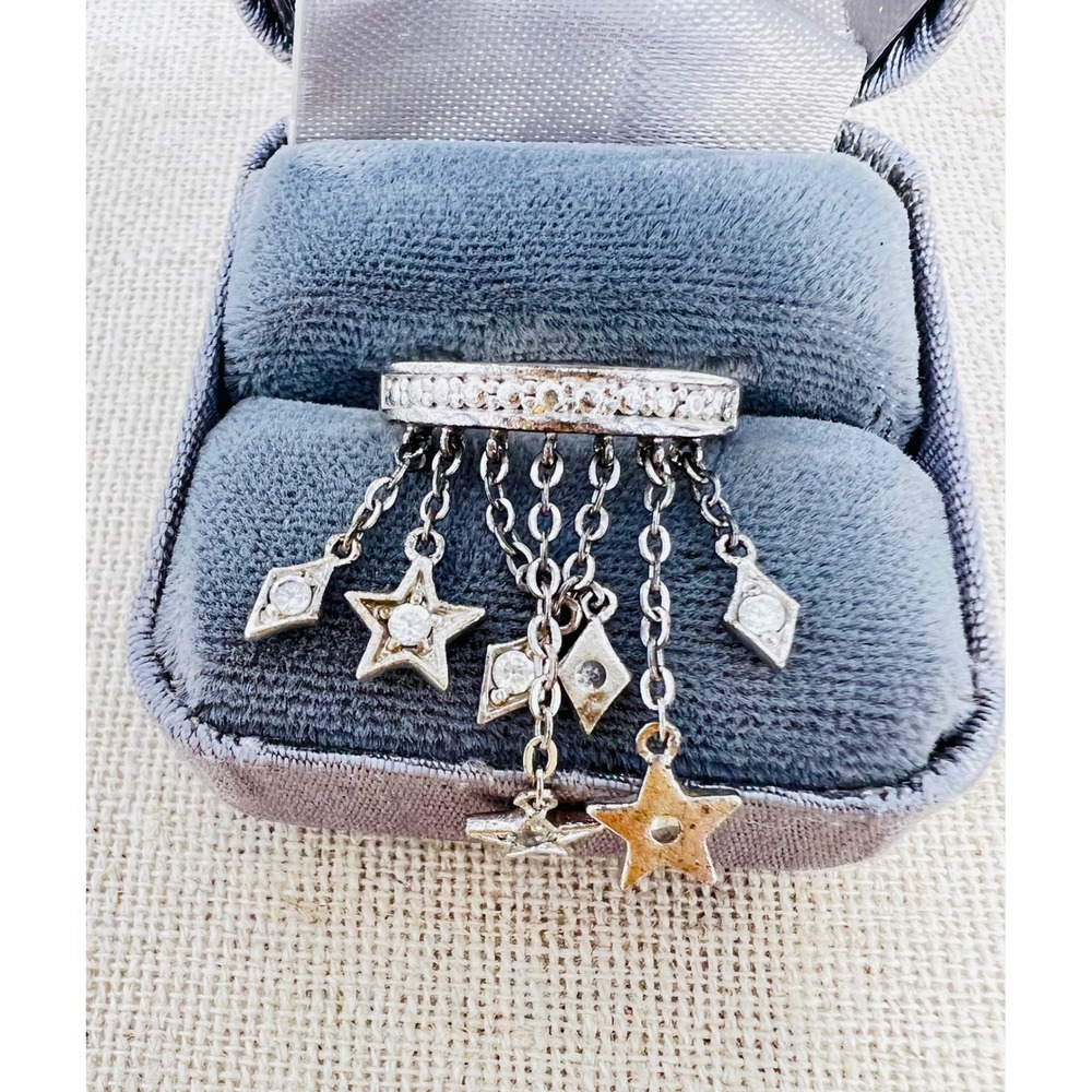 Kirks Folly Celestial Star Dangle Silver Tone Crystal Whimsical Ring Size 6